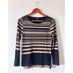 Black Goat Cashmere Crew Neck Striped Sweater Navy Tan Size Small